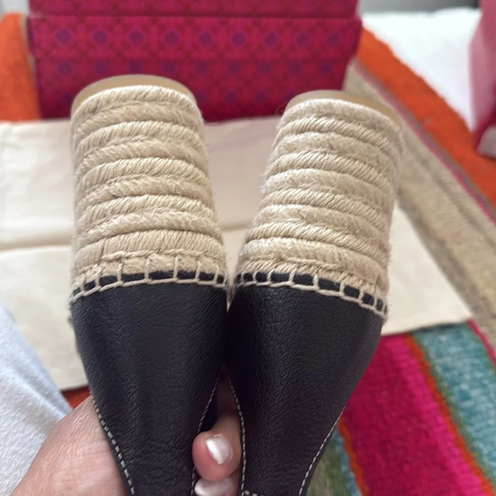 Tory Burch Black and Tan Ines Wedge Espadrille Sandals
